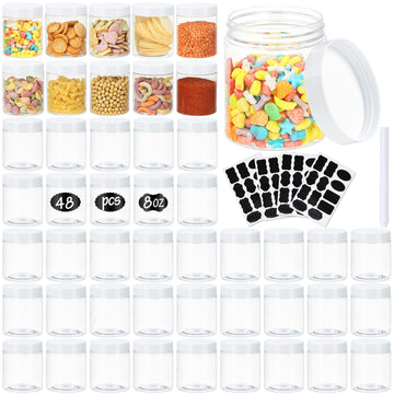 Jars with Lids, 48pcs 8 oz Plastic Containers with Lids Pen Labels Leak Proof BPA Free Airtight Refillable Clear