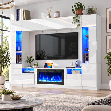 107" Wall Unit Entertainment Center with Fireplace for 85 inch TV, Modern High Glossy TV Stand with LED Lights, Media