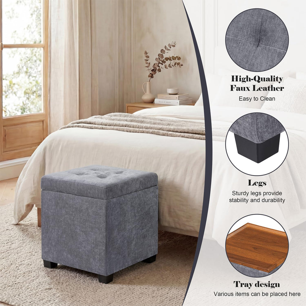 15 inch Square Storage Ottoman with Tray Lid, Modern Tufted Fabric Cube Coffee Table with Storage, Upholstered Ottoman