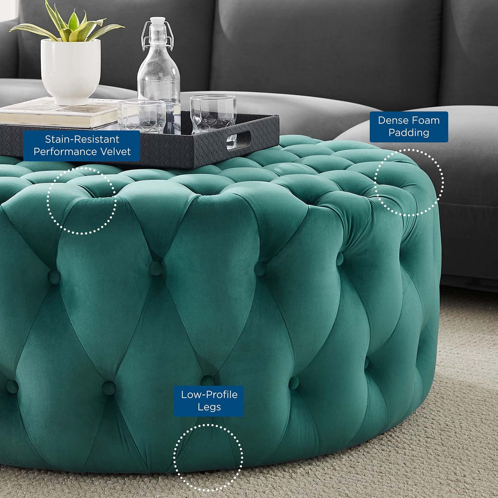 Amour Tufted Button Large Round Performance Velvet Ottoman in Teal