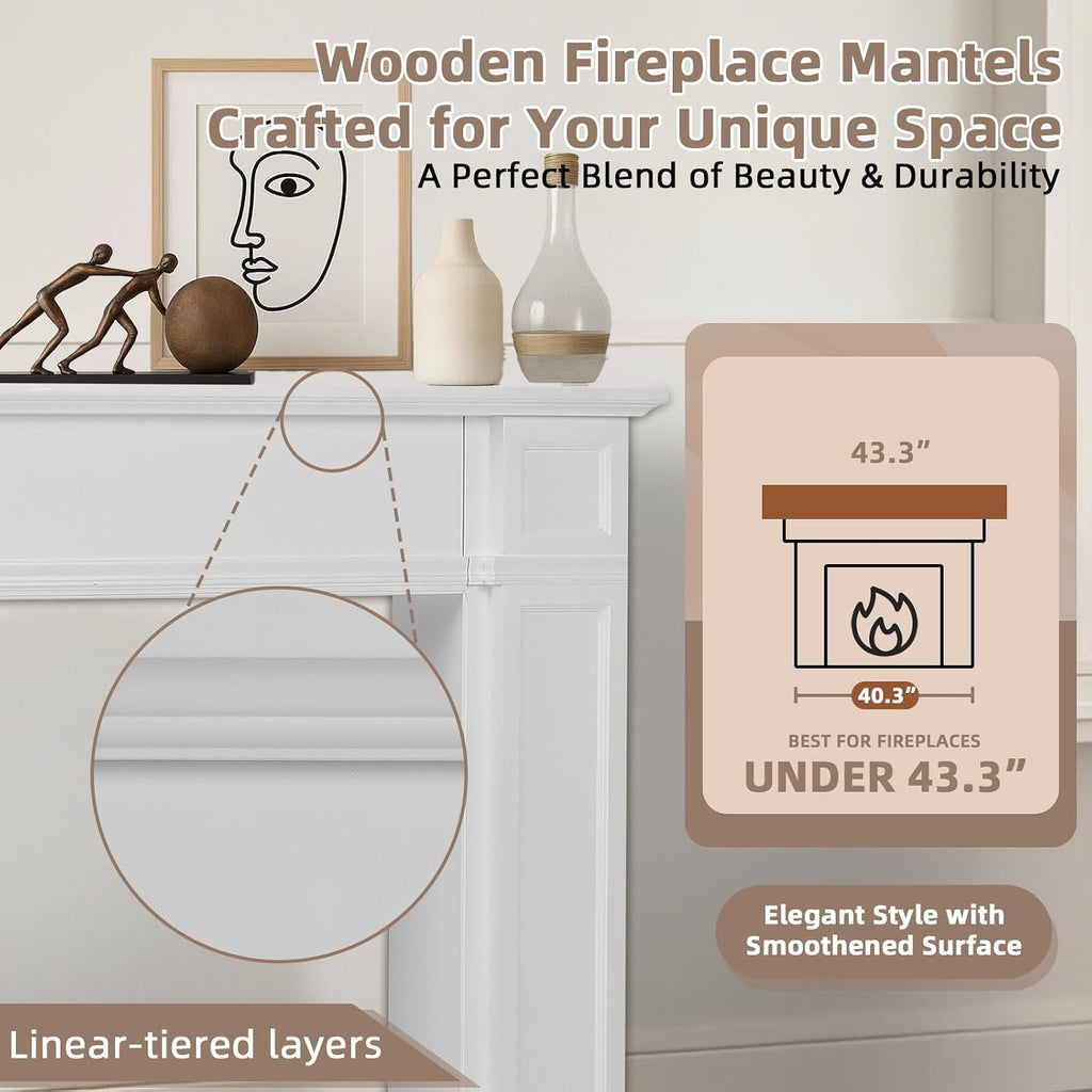 Modern Surround, White Freestanding Surround Mantel for Electric Fireplaces, Premium MDF Wooden Mantel with Leg for
