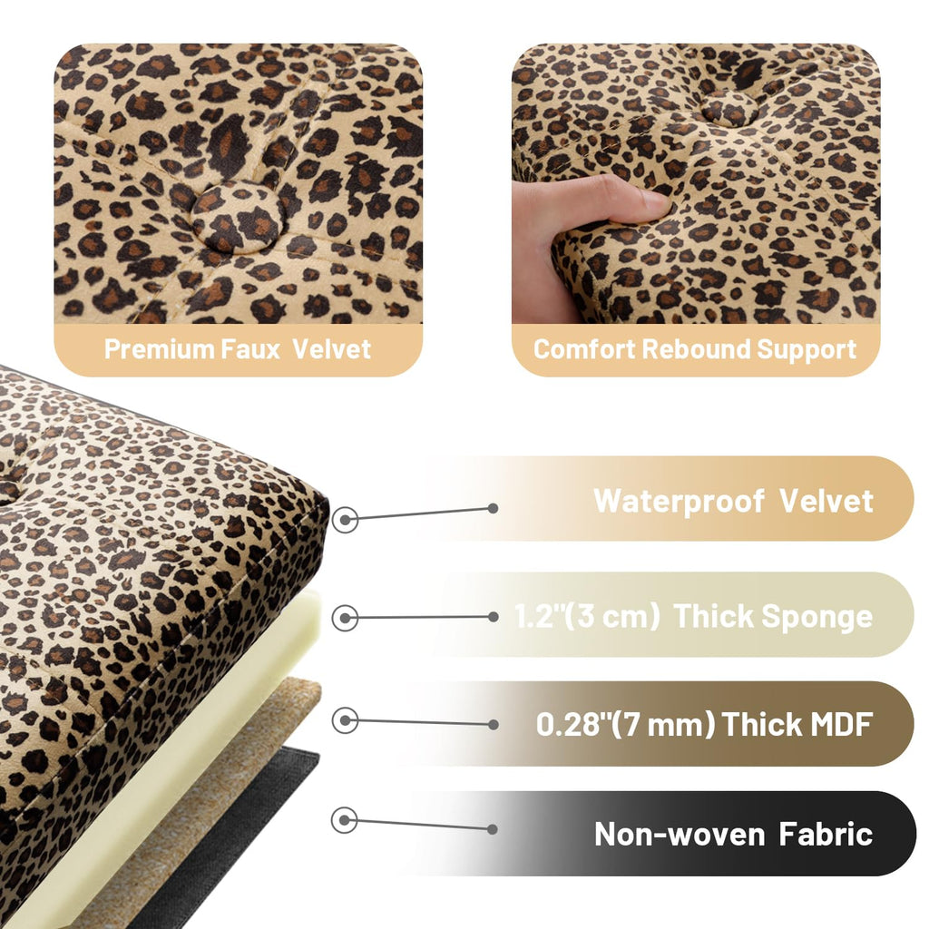 Storage Ottoman Bench, 34" Folding Velvet Foot Rest, Leopard Print