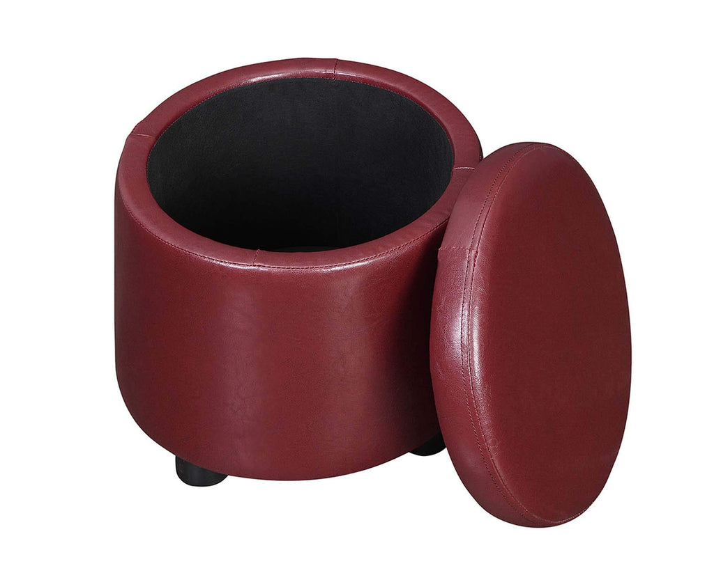 Designs4Comfort Round Accent Storage Ottoman in Burgundy Red Faux Leather Finish