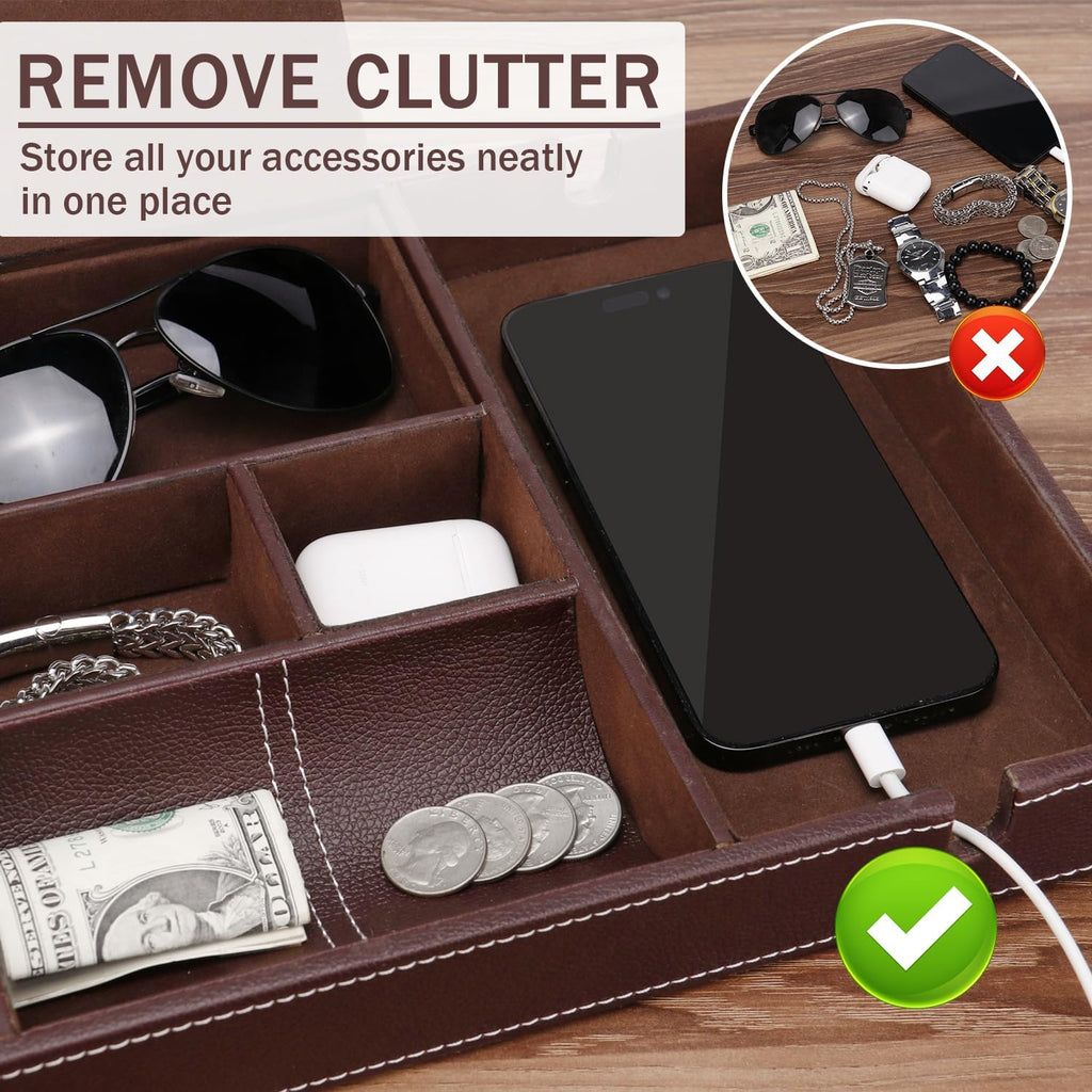 Mens Nightstand Organizer, Leather Valet Tray for Men, EDC Catchall Tray with Phone Charging Station, Dresser Top