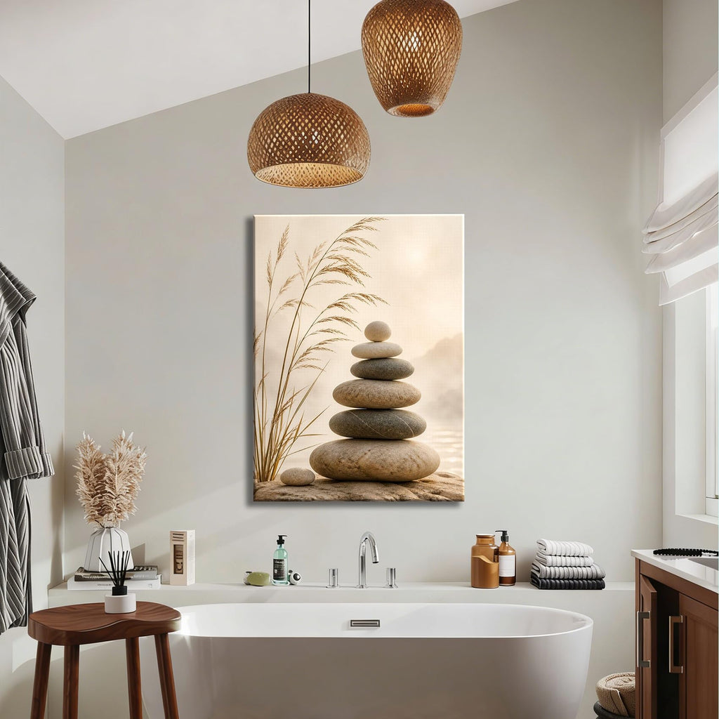 Framed Warm Tone Balancing Rocks Canvas Wall Art, Misty Lakeside Zen Landscape Canvas Prints Pictures, soothing wall