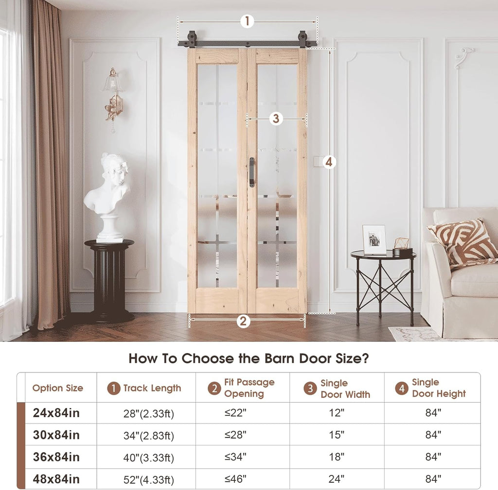 Preassembled Bifold Barn Door 30 x 84 in (Double 15x84in) with Bi-fold Door Hardware Kit, Frosted Gl