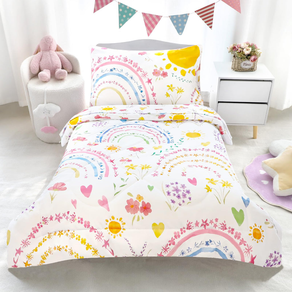 Toddler Bedding Set for Girls, 4 Piece Soft & Breathable Rainbow & Sun Crib Bedding Set, Bed-in-A-Bag Toddler