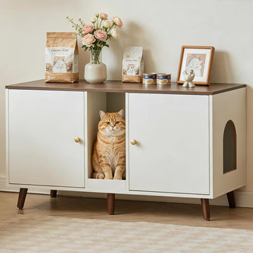Double Cat Litter Box Enclosure - Hidden Litter Box Cabinet Furniture for 2 Cats Large with Scratching Pad, White