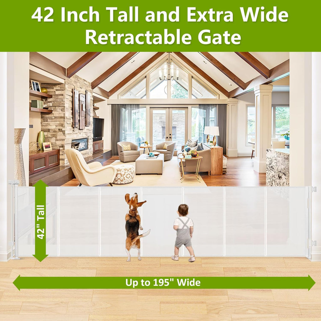 Reinforced 42" Tall Dog Gate 195" Extra Wide Retractable Baby Gate, White