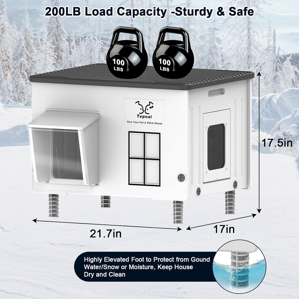 Indestructible Heated Cat House for Outside, Large Heated Outdoor Cat House 100% Weatherproof with Escape Door