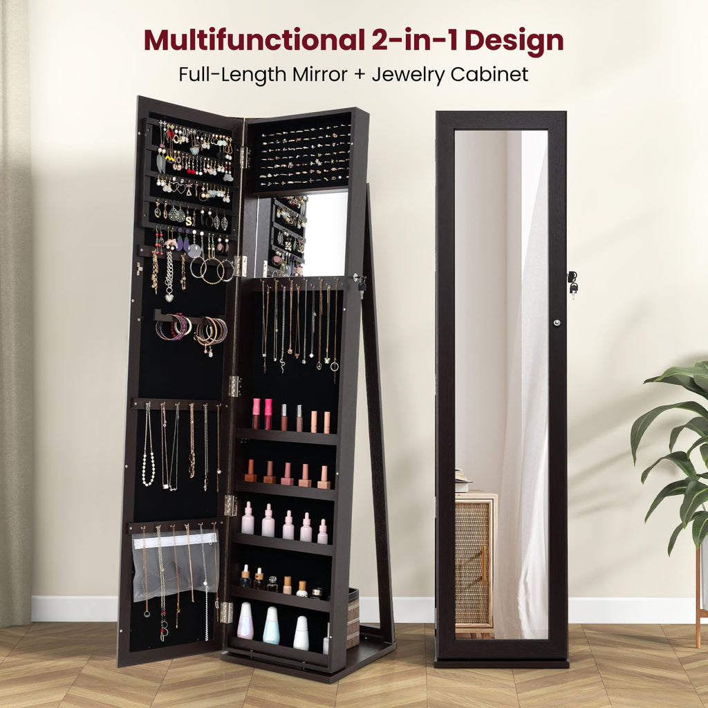 Jewelry Cabinet with Full-length Mirror, Jewelry Storage Organizer with Makeup Mirror, Back Storage Shelf, Lockable