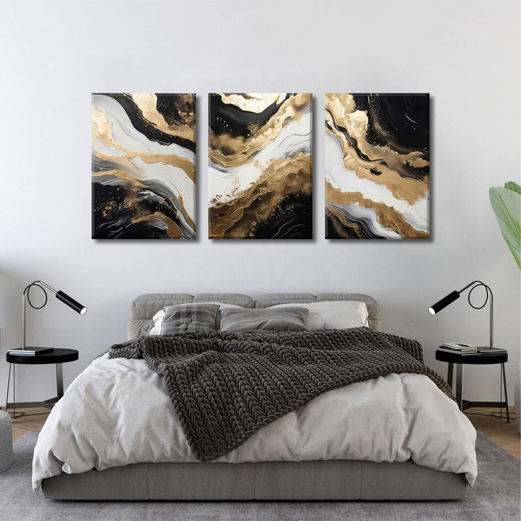 Black and Gold Abstract Canvas Wall Art Set of 3 Abstract Black Gold Marble Wall Decor Pictures Neutral Modern