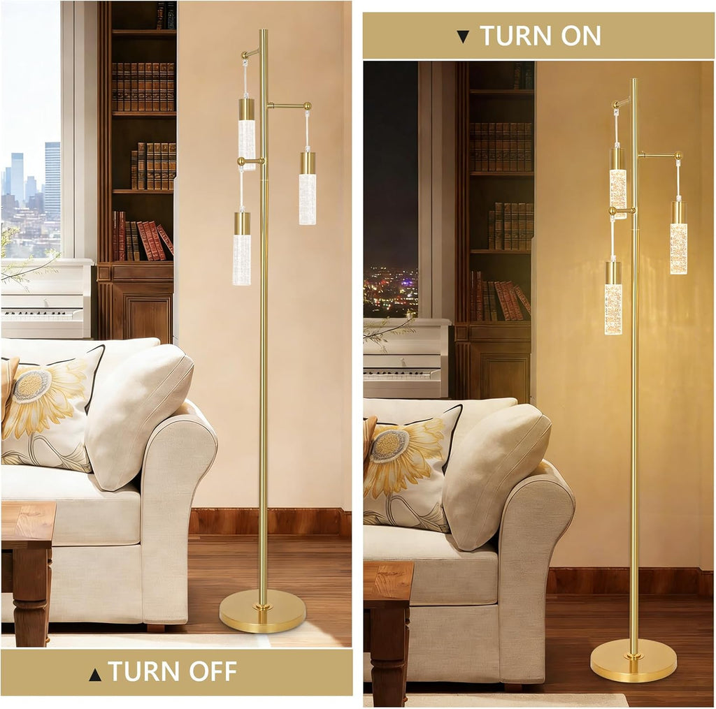 Gold Floor Lamps, Modern Brass Standing Lamp with Bubble Crystal Shades, 3 Built-in LED Lights, ON/Off Foot Switch