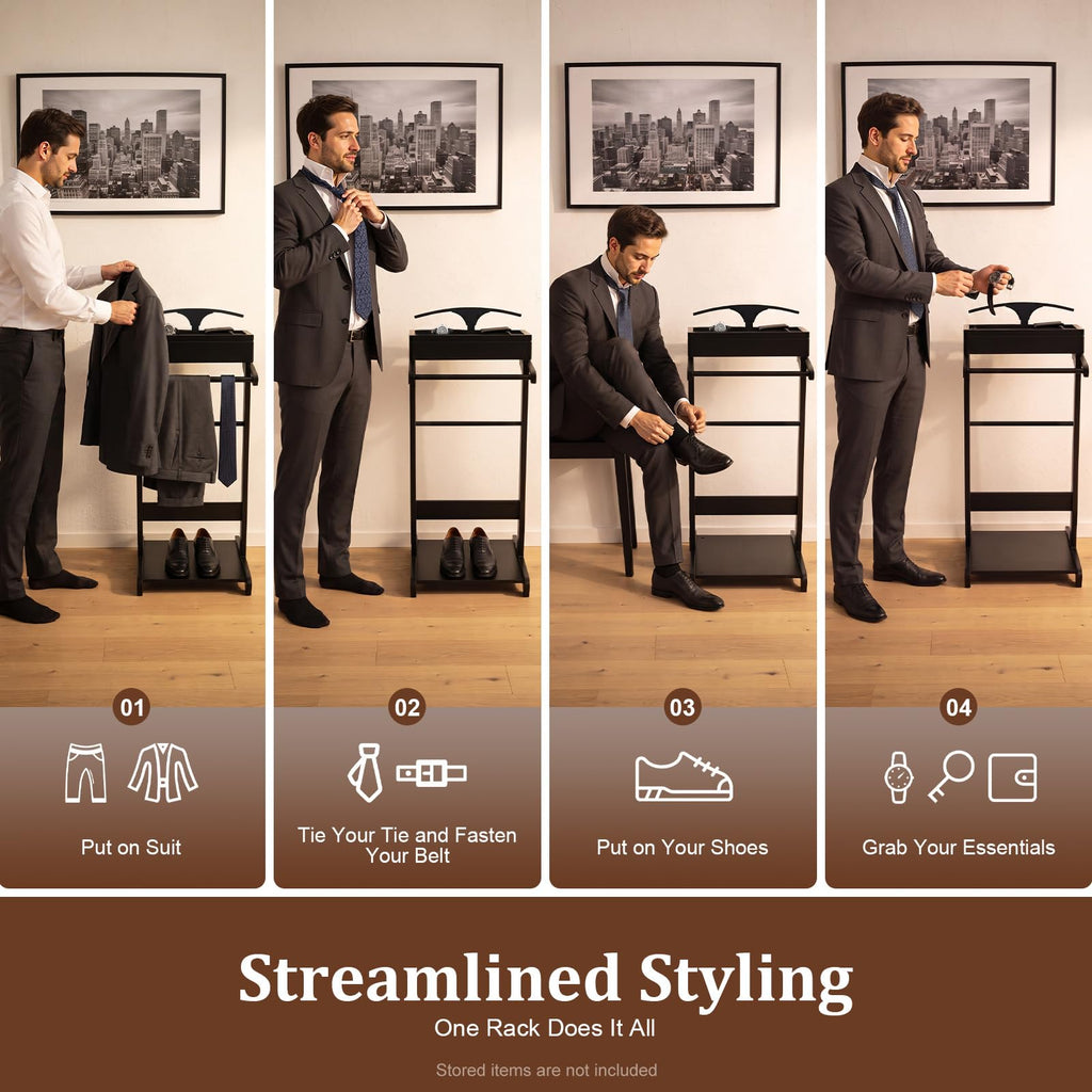Suit Valet Stand, Wooden Suit Rack for Men and Women, Clothes Valet Stand with Drawer & Trouser Holder, Mens Valet