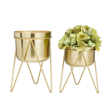 Metal Indoor Outdoor Planter Small Planter Pot with Removable Stand, Set of 2 Planters 7", 7"W, Gold