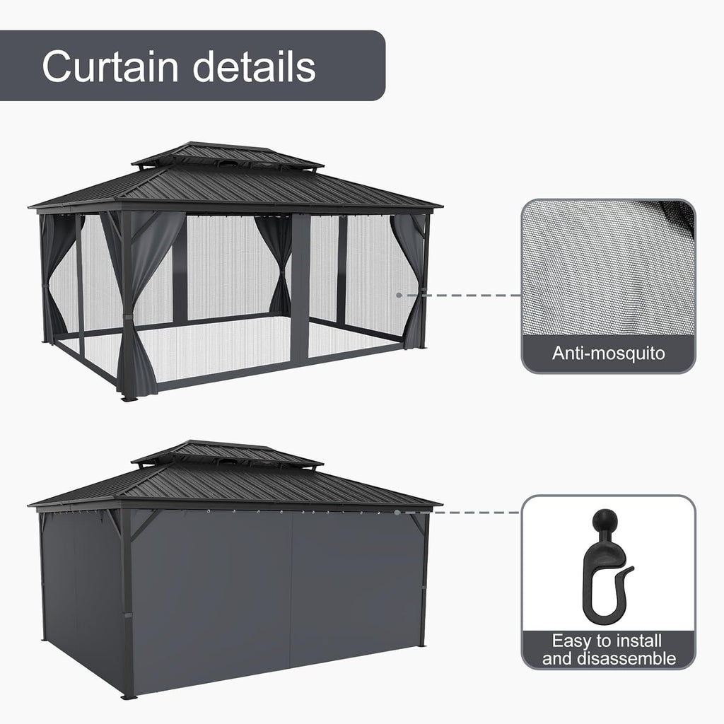 12' x 16' Hardtop Gazebo with Galvanized Steel Double Roof, Heavy Duty Outdoor Gazebo with Netting & Curtains