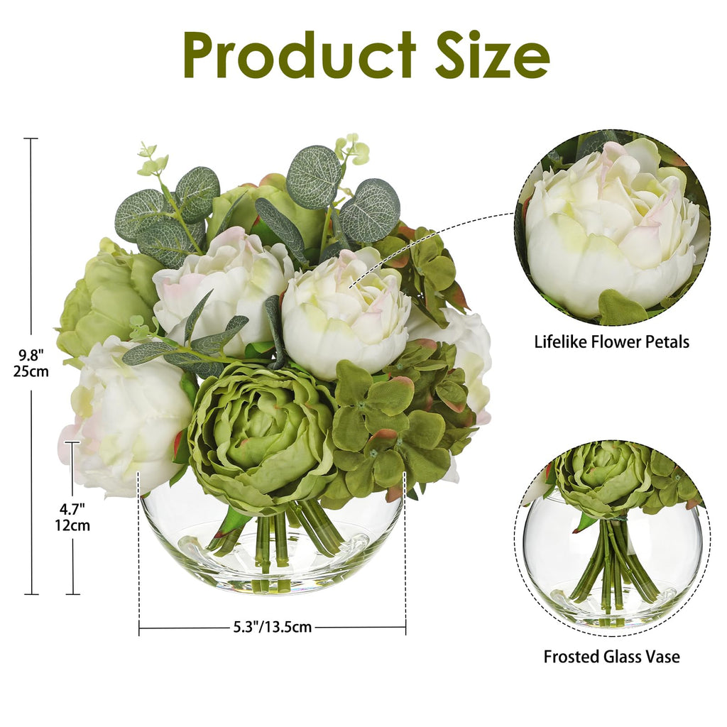 Peonies Artificial Flowers in Vase White Green Peony Hydrangea Fake Flowers Silk Flower Arrangements with Glass Vase