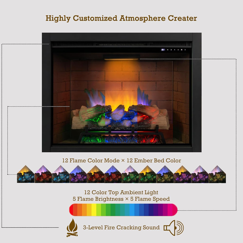 Electric Fireplace Insert w/Top Light, 12×12×12 Flame Color Option with Fire Crackling Sound, 36″W×27″H