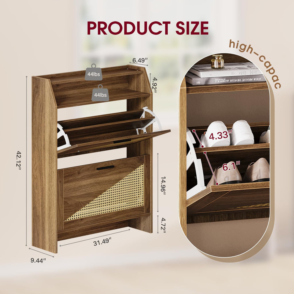 Rattan Shoe Storage Cabinet with 2 Flip Drawers, Wooden Shoe Cabinet with Adjustable Shelf, Narrow Shoe Rack