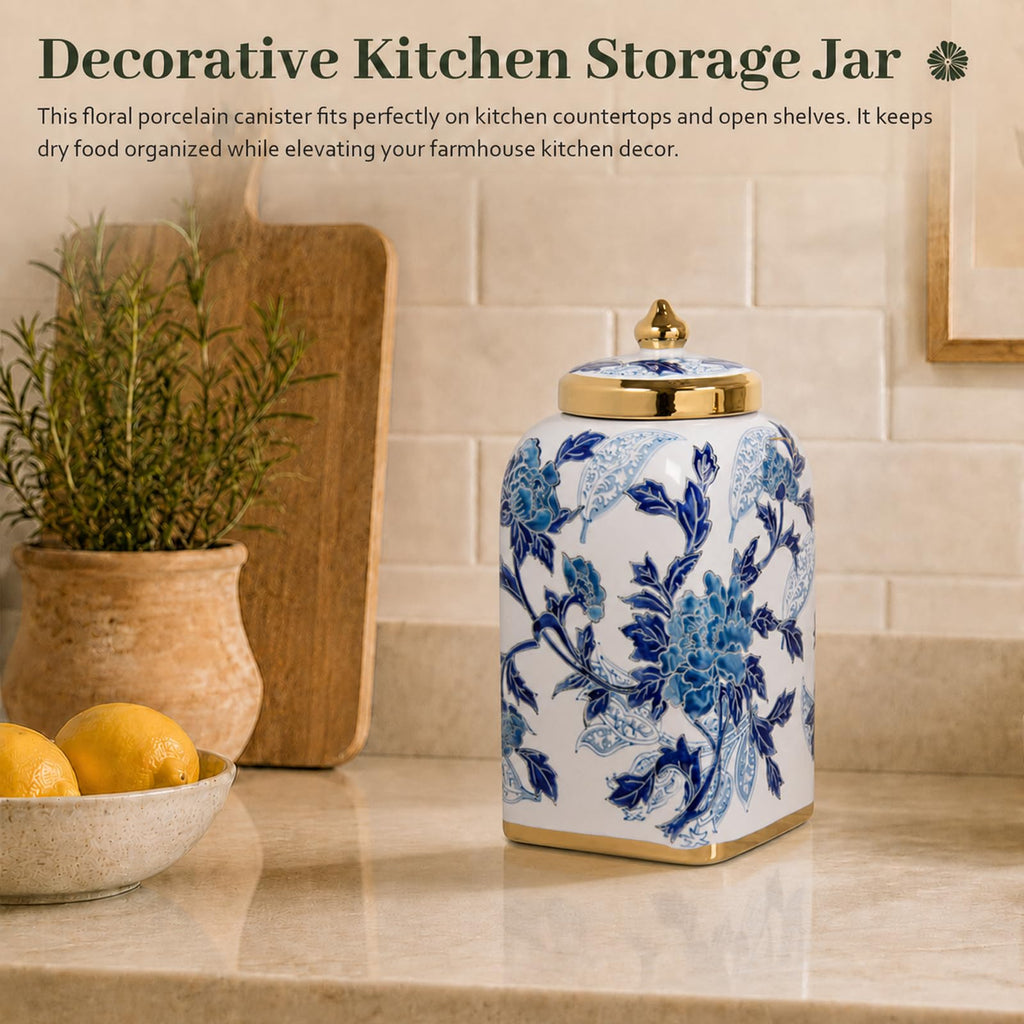 12.5" H Ceramic Kitchen Canisters for Countertop, Tea & Coffee Bean Storage Canister with Airtight Lid, Blue and