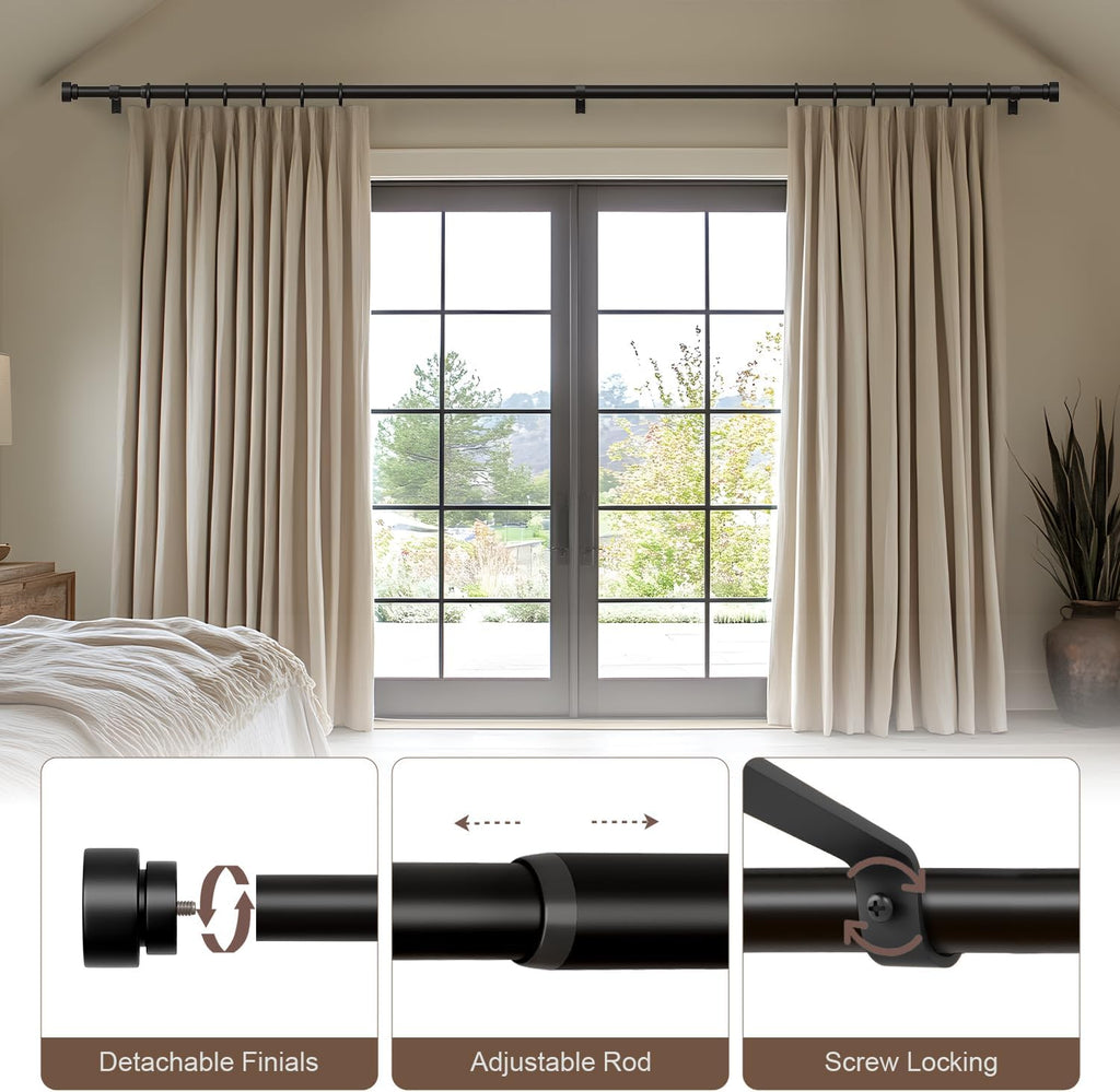 Black Curtain Rods for Windows Heavy Duty 1" Diameter Window Curtain Rod with Decorative