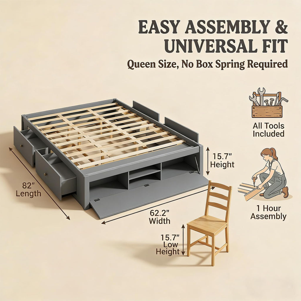 Farmhouse Wood Bed Frame, Japanese Low Platform Wooden Beds Frames with 4 Drawers & Concealed Hydraulic