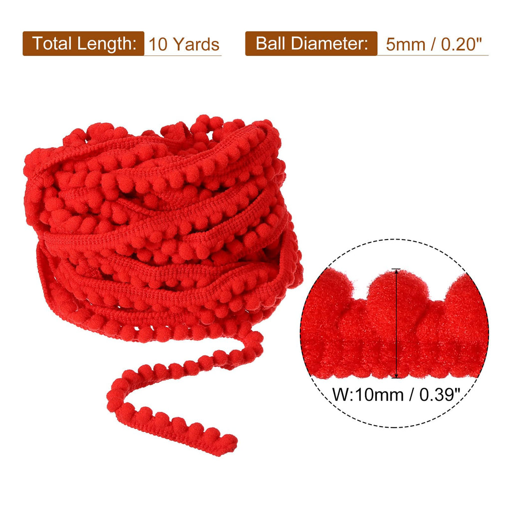Pom Pom Ball Fringe Trim, Ribbon Sewing Accessory DIY Crafts Curtain Clothes Pillow Decoration (5mm, Red) - 10 Yards