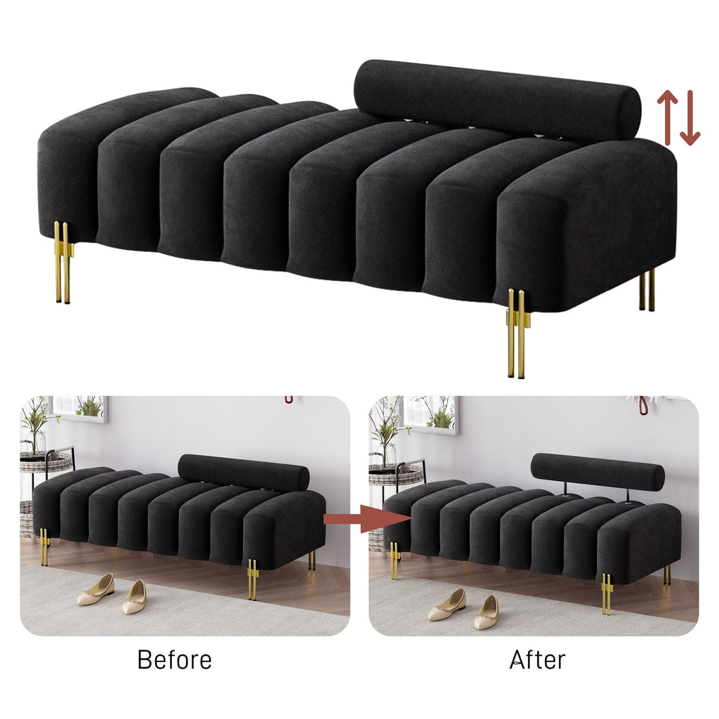 52" Velvet Bench Bedroom Ottoman Bench with Adjustable Back, Black