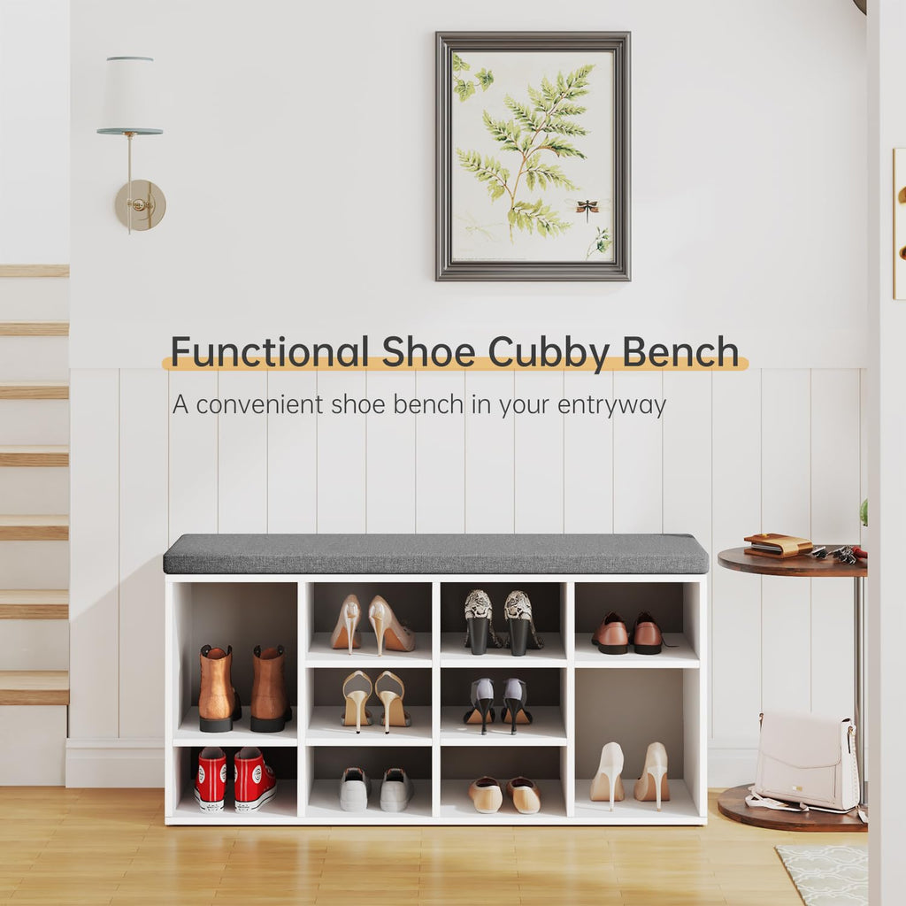 3-Tier Shoe Bench with Cushion | White/Grey | 10 Compartments