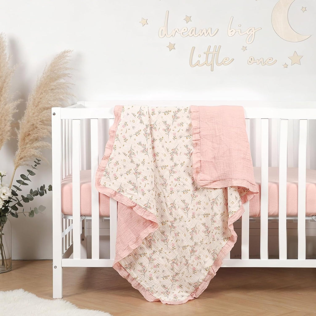 Organic Baby Blanket Flounce Edge Large 50"x43" Floral, 100% Muslin Cotton Super Soft Breathable Toddler Quilt Crib