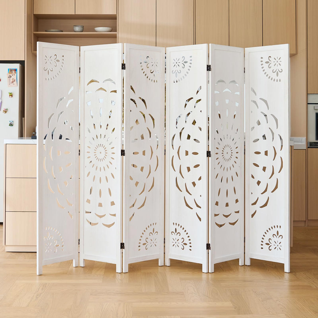 66.9Inch Wooden Room Partition - 6 Panels Boho-Styled Space Room Divider /Office, Headboard & Yoga/Photo/Video Call
