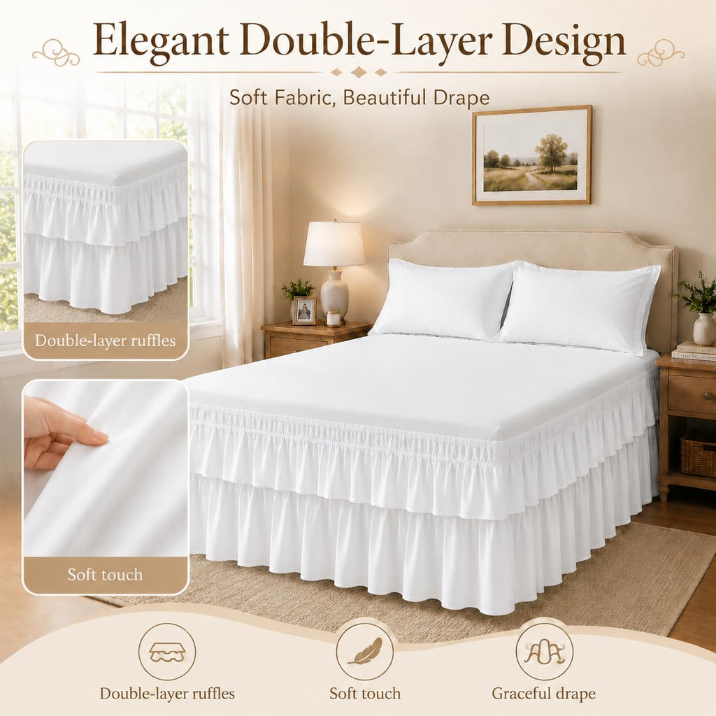 White Full Bed Skirt 14 Inch Drop, Double Layer Dust Ruffle