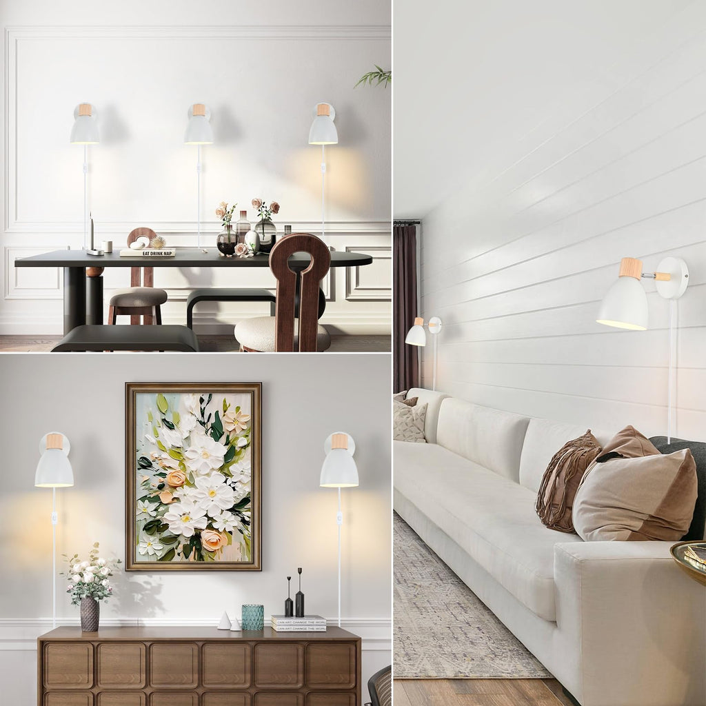 Wall Sconces Plug in, Swing Arm Wall Lamp with Power Cord, White Plug in Wall Lighting Fixtures Set of Two, Bedside