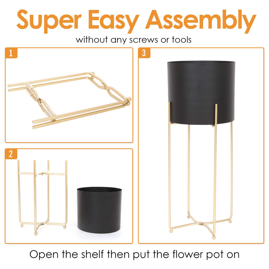 Modern Planters Stand with Pot, Mid Century Tall Black Planter with Gold Plant Stand, Floor Planter for Indoor Plants