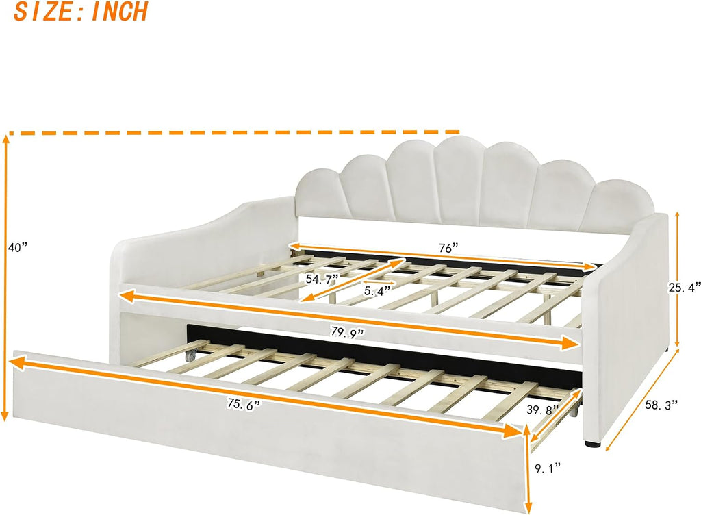 Full Size Daybed with Trundle,Velvet Upholstered Day Bed Frame Full with Shall Shaped Backrest and Wood Slat