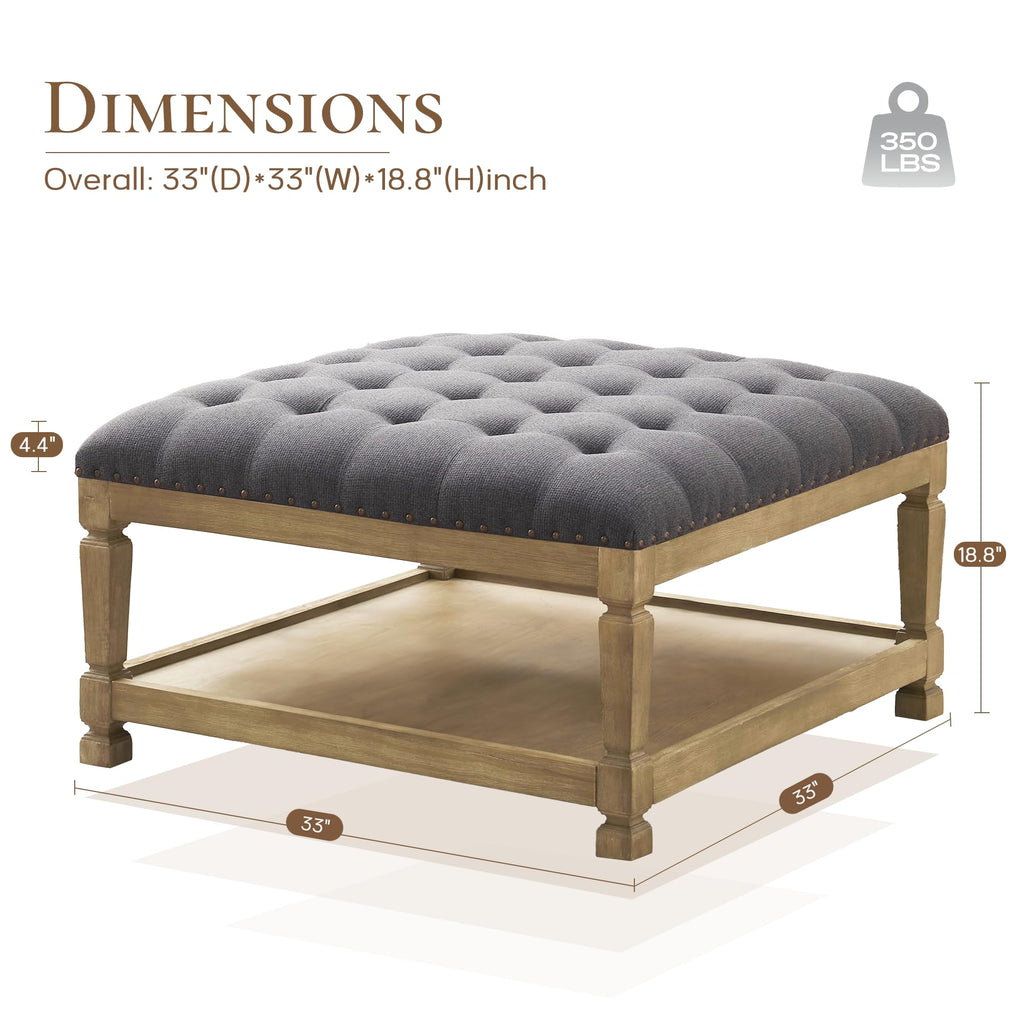 Ottoman Coffee Table, Square Wooden Upholstered Tufted Ottoman Foot Rest with Storage, Padded Linen Coffee Tables for