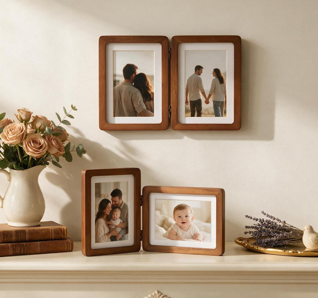 Hinged Double Picture Frame 5x7, Vertical Folding Pine Wood Frame with Real Glass, Matted to 4x6, Free-Standing