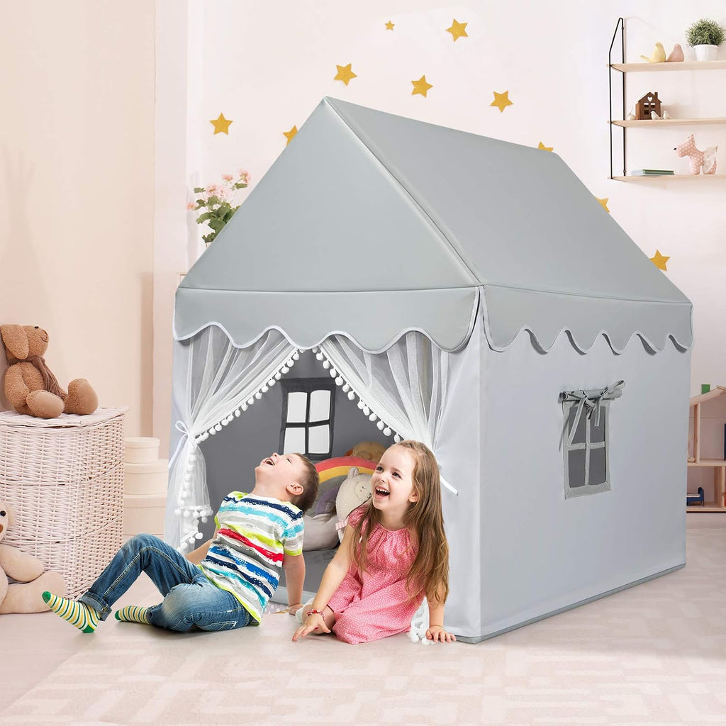 Kids Play Tent, Large Playhouse w/Washable Mat, Windows, Solid Wood Frame, Indoor Outdoor Princess Tent for Children