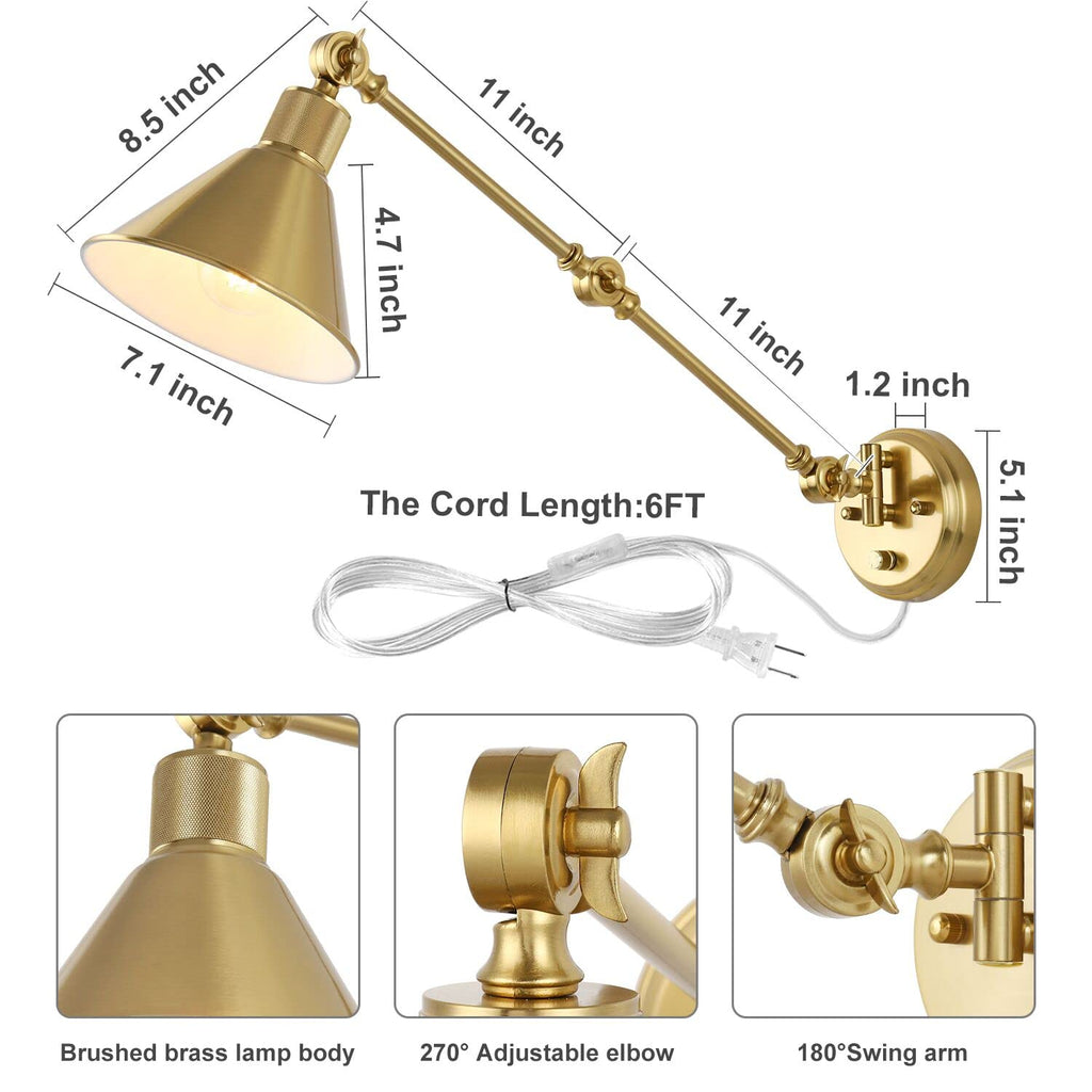 Wall Sconces Plug in, Dimmable Wall Sconces Brushed Brass Swing Arm Wall Lights Plug in Wall Mounted Light Industrial