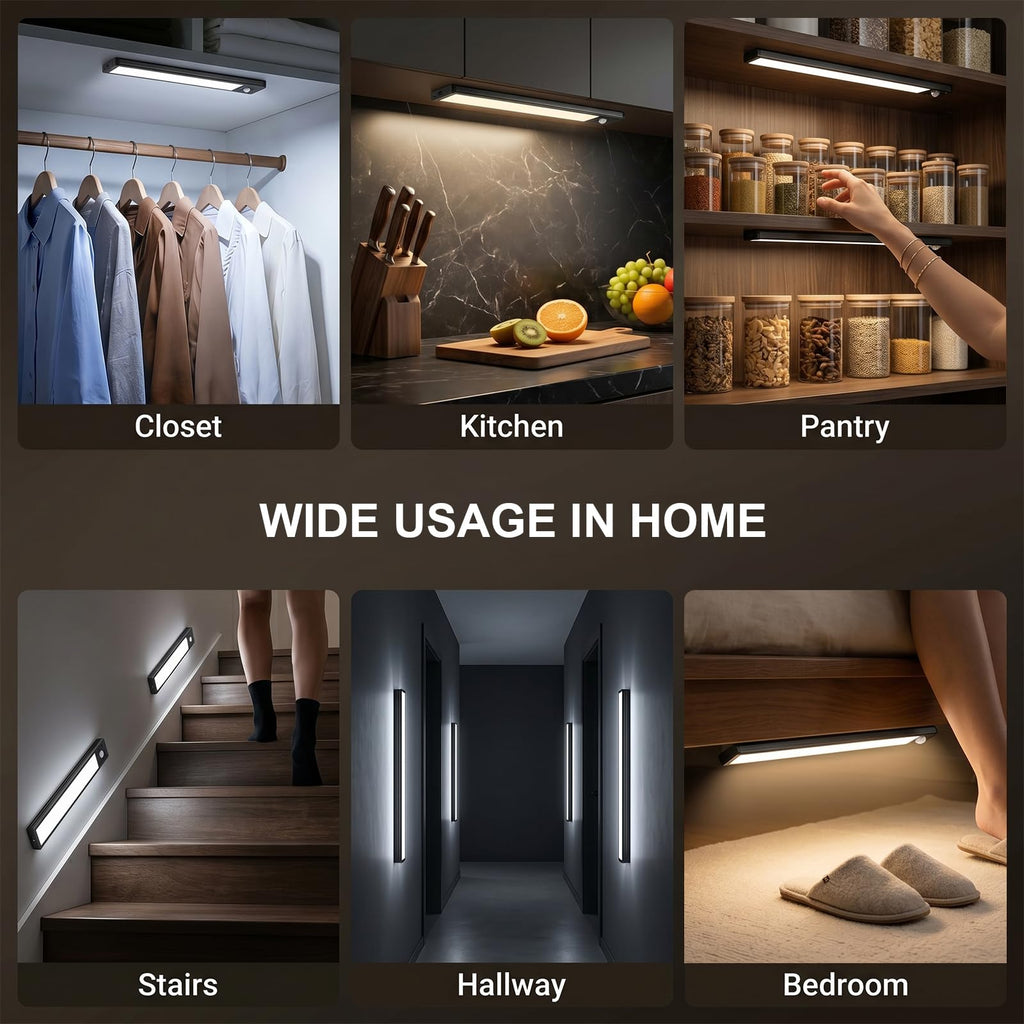 4Pack Under Cabinet Lighting Rechargeable -10" Ultra-Thin Black 3 Color Temps Super Bright, Motion Sensor, Long