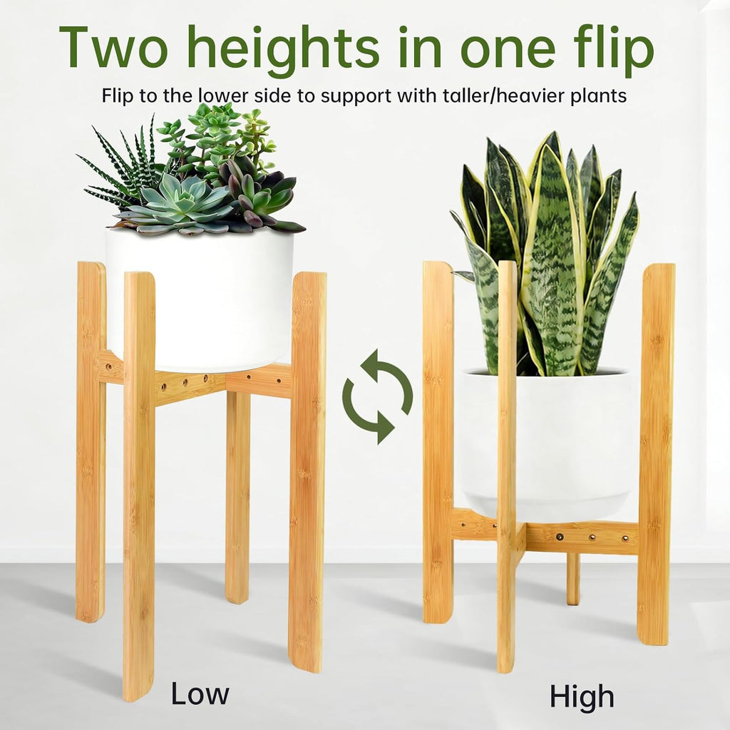 23.6" Tall Adjustable Plant Stand Indoor Flower Holder Fits 8-12 Inch Pots | Sturdy, Bamboo, Modern Mid Century