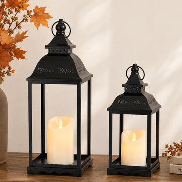 Decorative Metal Lanterns Outdoor Indoor, Set of 2 Black Candle Lanterns