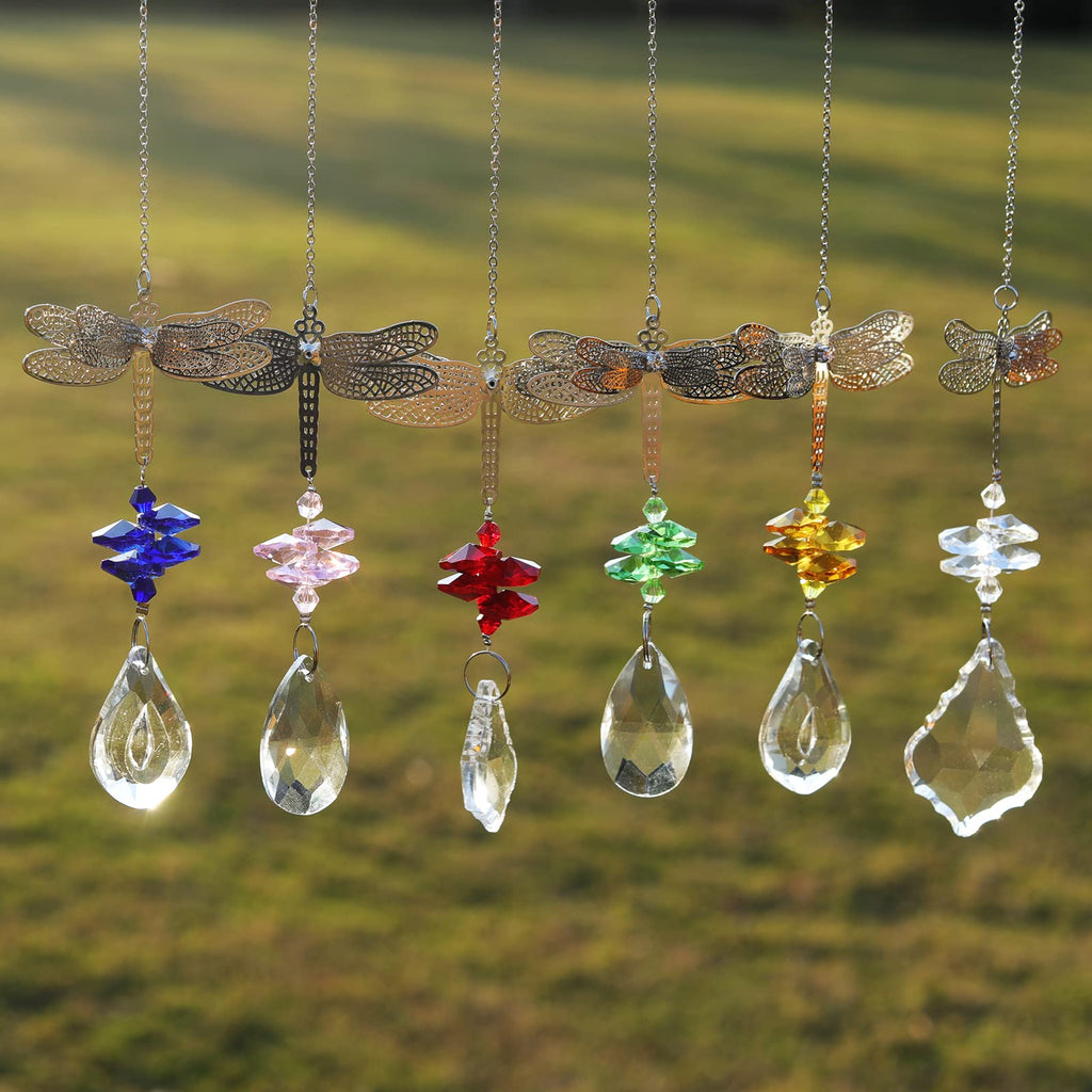 Dragonfly Crystal Prisms Bead Hanging Crystal for Windows Garden Wedding Christams Decor Mirror, Set of 6