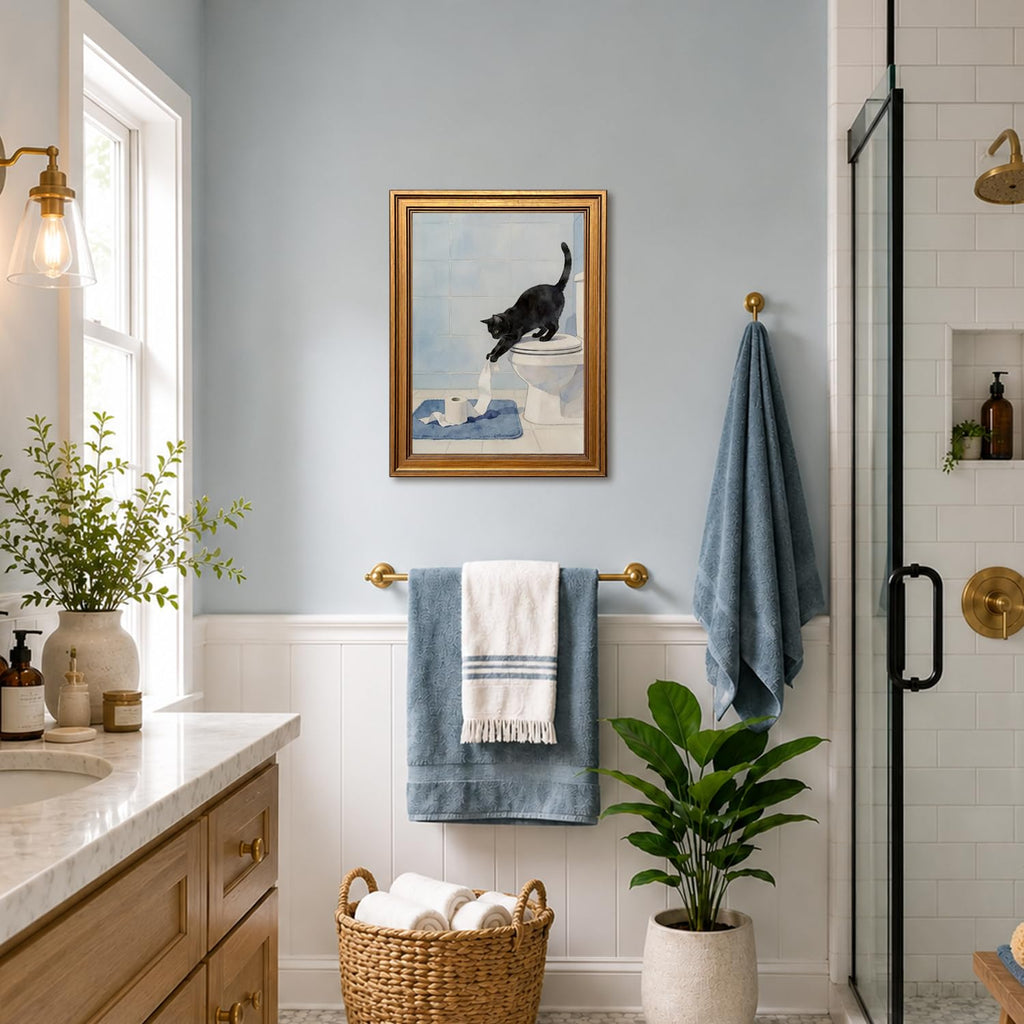 Vintage Gold Framed Funny Bathroom Canvas Wall Art, Cute Black Cat Toilet Paper Pictures Wall Decor, Whimsical Animal