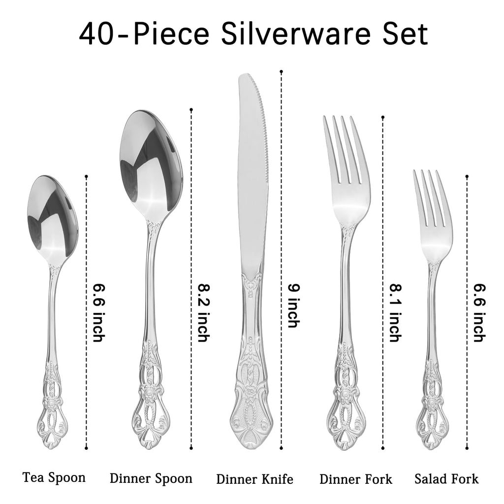 Retro Royal Silverware Set With Gift Box For 8 Cutlery Set Utensils Stainless Steel Flatware 40 Pieces Kitchen