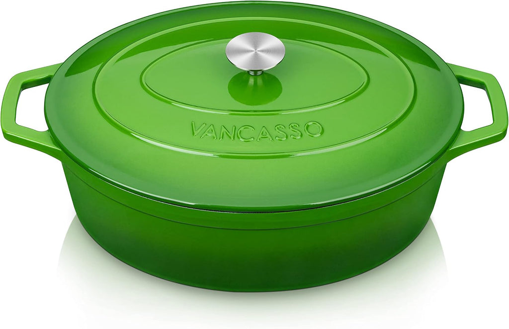 9.3 Qt Oval Enameled Cast Iron Dutch Oven with Lid, Green | Ideal for bread baking, roasting & braising. Self-basting