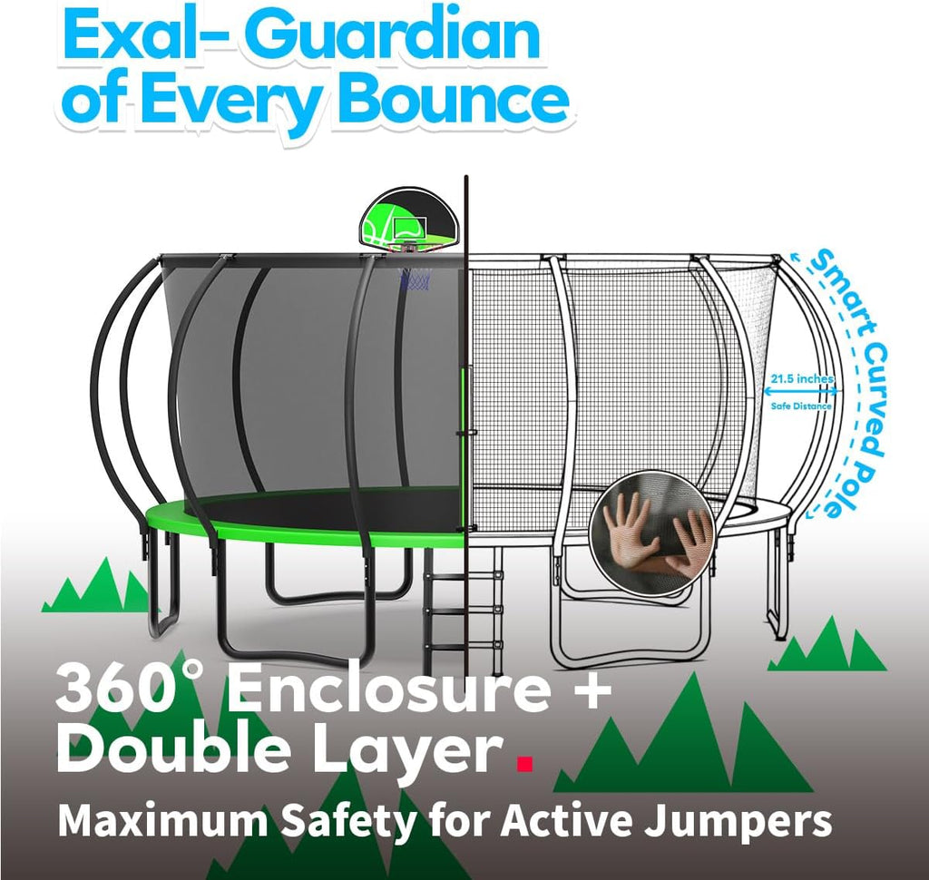 Trampoline 8 10 12 14 15 16FT, 1500LBS Weight Capacity Backyard Trampoline Outdoor with Basketball Hoop, Enclosure