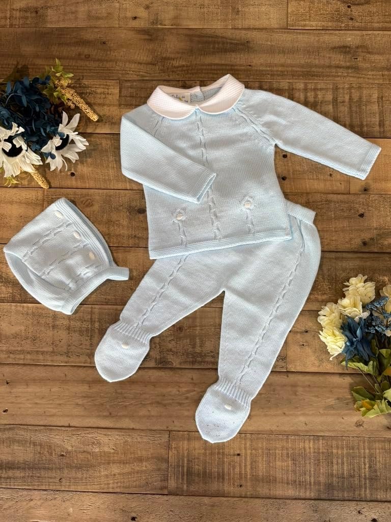 Boy Knitted Outfit Piece Sweater, Footed Pants and Hat Set Newborn Infant Long Sleeve - Made in Spain