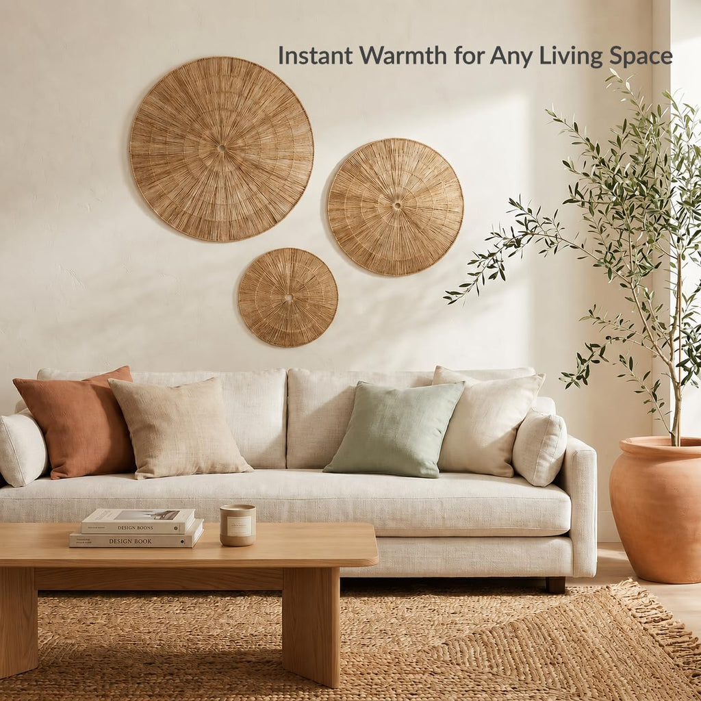 Handwoven Jute Wall Hanging Baskets, Set of 3 Round Woven Wall Decor (22", 19", 15"), Decorative Wall Accents