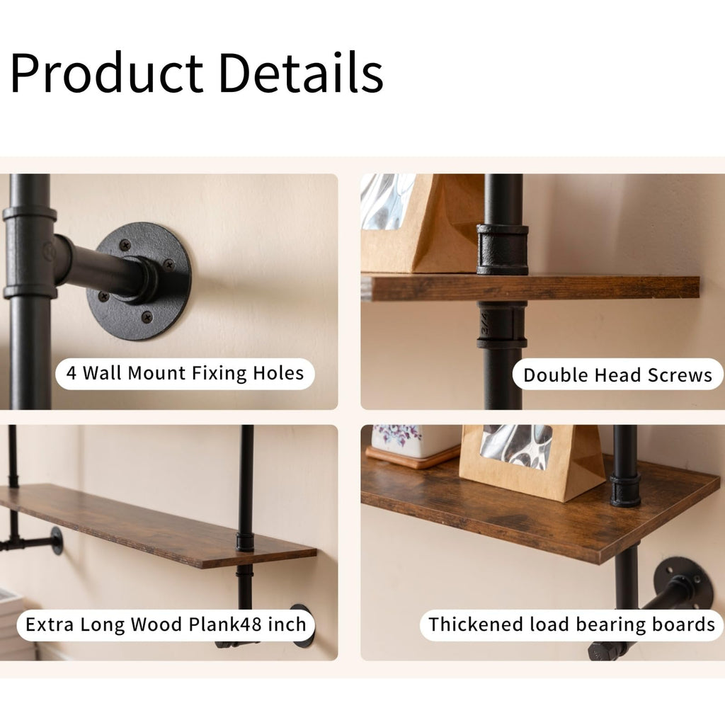 Industrial Pipe Shelving 48inch Wall Mounted, Rustic Floating Shelves with Wood Shelf, 2 Tier Farmhouse Bathroom